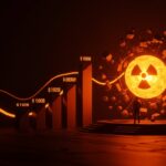 Founder visionary frente a un núcleo de energía nuclear iluminado en naranja, simbolizando la exitosa IPO y financiación en startups deep tech como X-Energy.