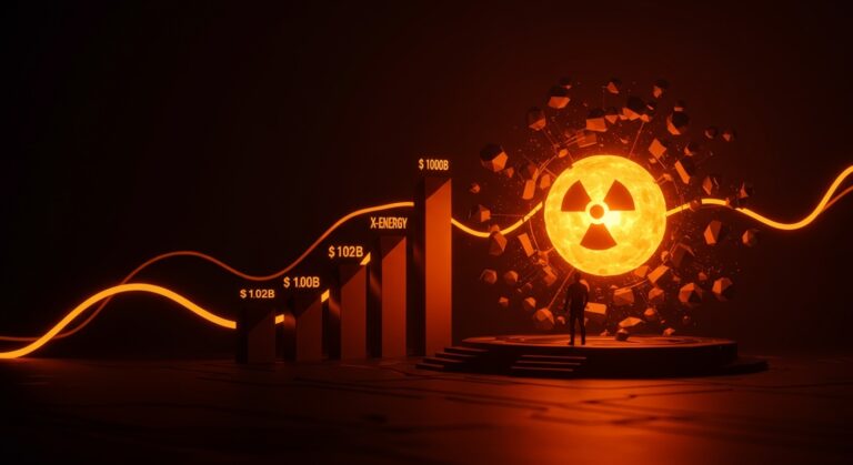 Founder visionary frente a un núcleo de energía nuclear iluminado en naranja, simbolizando la exitosa IPO y financiación en startups deep tech como X-Energy.