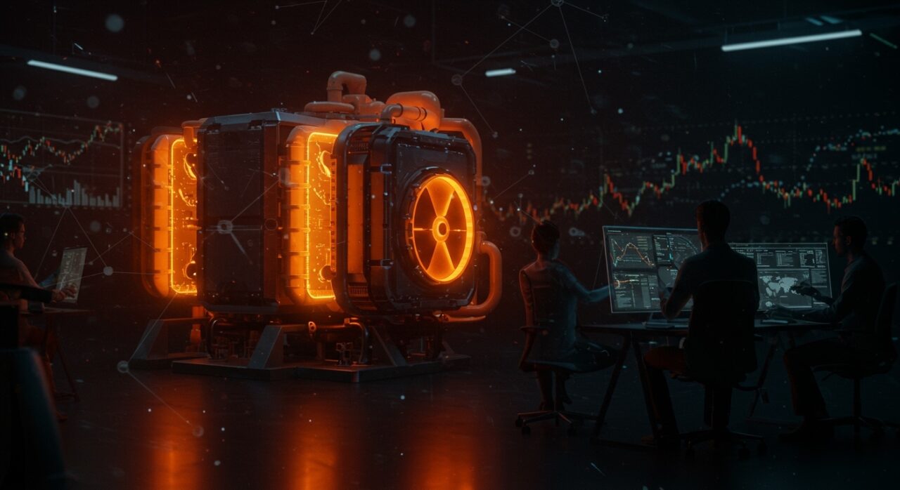 Reactores nucleares modulares de X-energy en un laboratorio futurista, simbolizando la innovación y financiación en startups deep tech en Nasdaq.