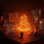 Desarrollador trabajando con el framework Xilem para interfaces nativas en Rust, destacando tecnologías reactivas y gráficos avanzados.