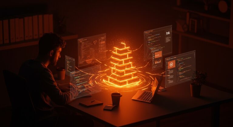 Desarrollador trabajando con el framework Xilem para interfaces nativas en Rust, destacando tecnologías reactivas y gráficos avanzados.
