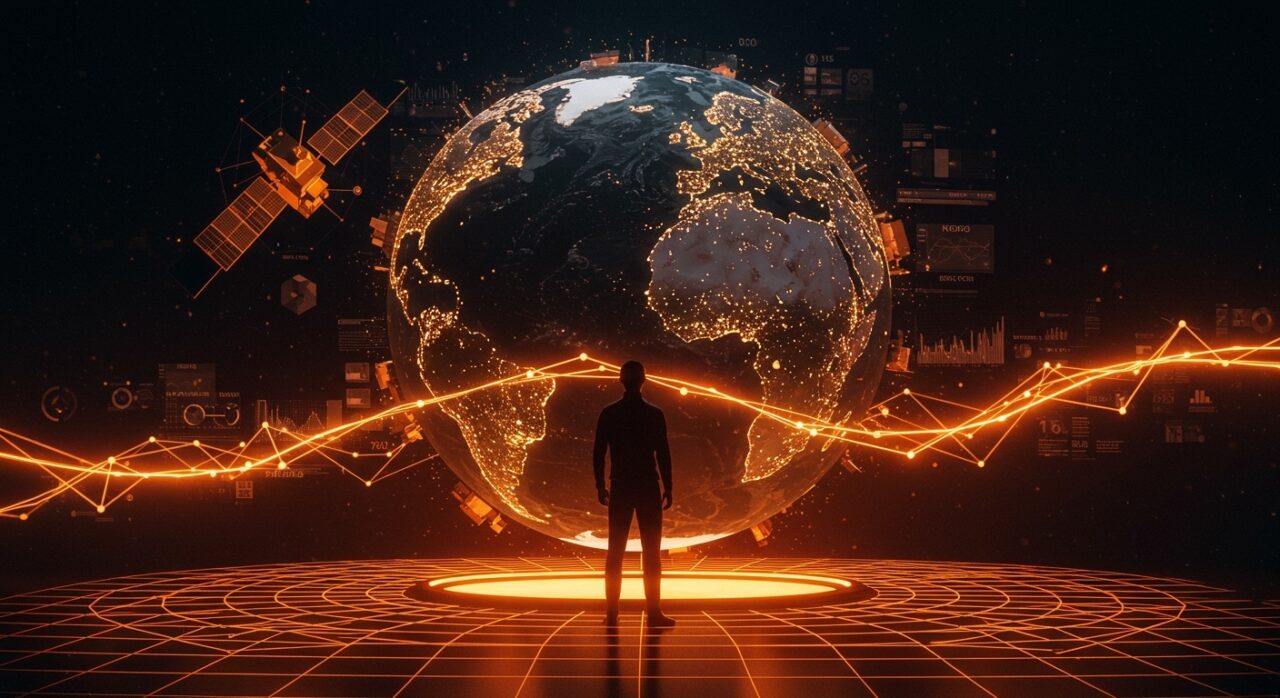 Líder de startup impulsando IA geoespacial europea con inversión y tecnología satelital mostrada en una esfera digital iluminada.