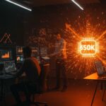 Fundadores de startups colaborando en entorno futurista con metáforas visuales de IA, financiamiento y progreso para Y Combinator 2026.