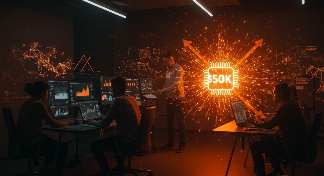 Fundadores de startups colaborando en entorno futurista con metáforas visuales de IA, financiamiento y progreso para Y Combinator 2026.