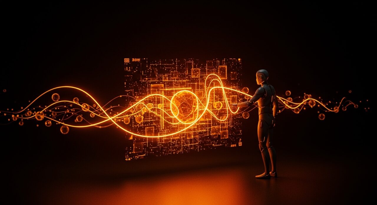 Representación visual de IA con memoria persistente y curva de olvido biológica en agentes autónomos para startups tecnológicas.