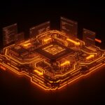 Visualización estilizada de arquitectura funcional de Z-Machine en Elm con emulación de juegos clásicos y estructuras de datos persistentes en una paleta naranja y negro.