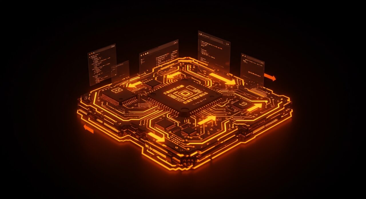 Visualización estilizada de arquitectura funcional de Z-Machine en Elm con emulación de juegos clásicos y estructuras de datos persistentes en una paleta naranja y negro.