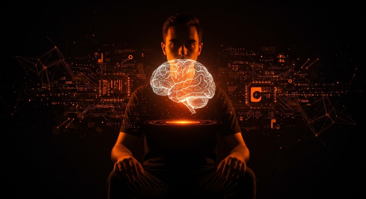 Matei Zaharia con holograma de inteligencia artificial general, premiado con ACM Prize in Computing, imagen conceptual de AGI en colores naranja y negro.