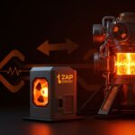 Reactores de fusión y fisión nuclear de Zap Energy en un laboratorio futurista, ilustrando la innovación en startups energéticas y hardware energético.