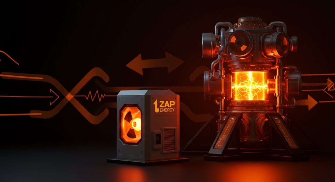 Reactores de fusión y fisión nuclear de Zap Energy en un laboratorio futurista, ilustrando la innovación en startups energéticas y hardware energético.