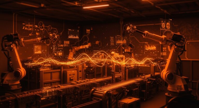 Automatización industrial en México con datos en tiempo real para manufactura, logística y agroindustria, representada visualmente con tecnología avanzada y flujos digitales.