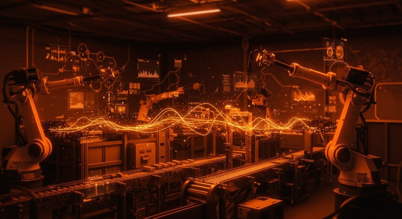 Automatización industrial en México con datos en tiempo real para manufactura, logística y agroindustria, representada visualmente con tecnología avanzada y flujos digitales.