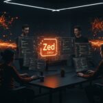 Equipo de desarrolladores colaborando con el editor de código Zed 1.0, acelerando el desarrollo de software con herramientas IA en Rust.