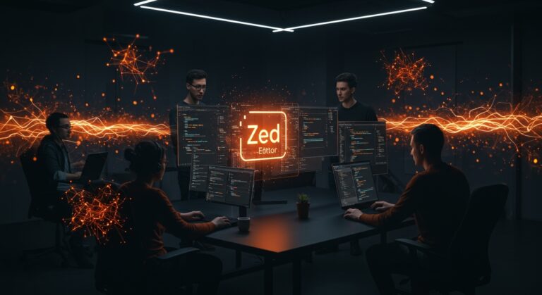 Equipo de desarrolladores colaborando con el editor de código Zed 1.0, acelerando el desarrollo de software con herramientas IA en Rust.