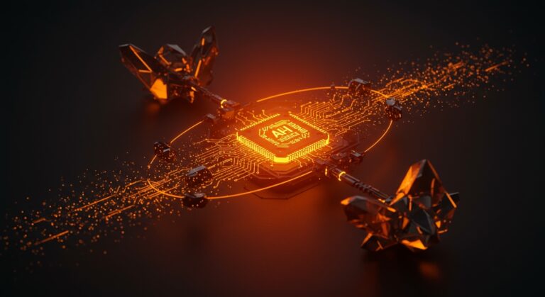 Representación visual de AutoScientist y el fine-tuning automatizado de IA para startups mediante redes neuronales y flujos de datos naranja y negro.