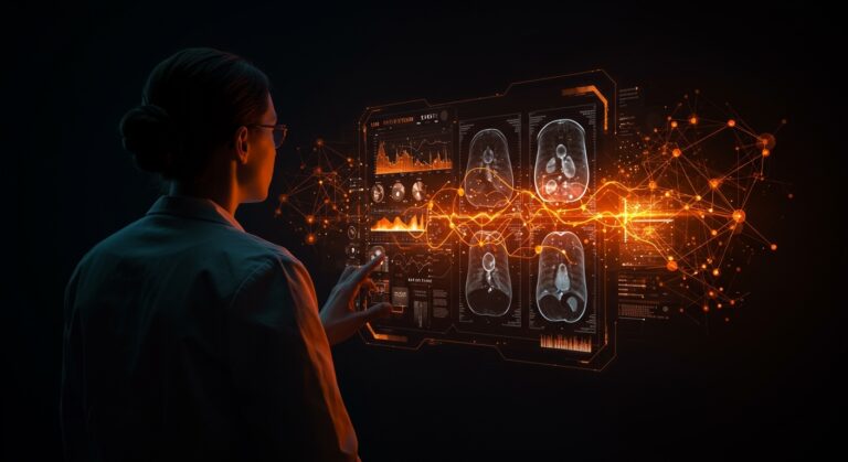 Profesional sanitario interactuando con interfaz de IA en radiología, representando la ronda de financiación de Ainovis y la innovación en healthtech española.