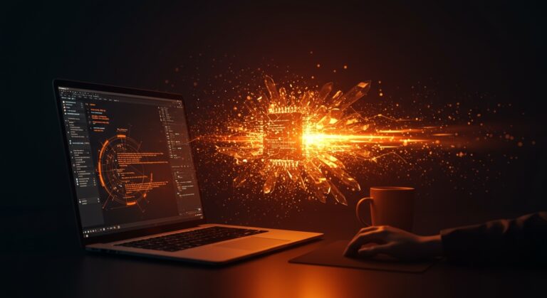 Representación conceptual de código generado por IA para founders, simbolizando la productividad y automatización en el desarrollo de software.
