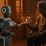 Robot de cuidado avanzado Airec en entorno geriátrico futurista, representando el auge de la silver economy y la healthtech en Japón.