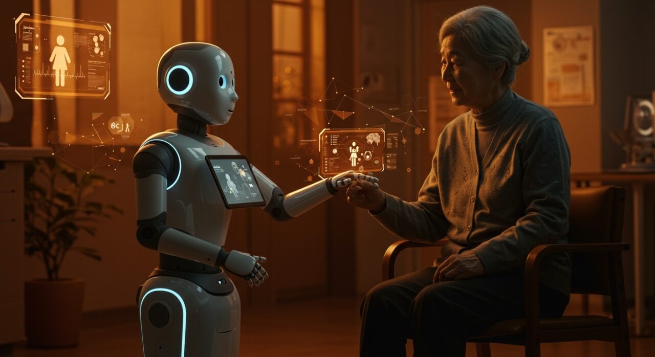 Robot de cuidado avanzado Airec en entorno geriátrico futurista, representando el auge de la silver economy y la healthtech en Japón.