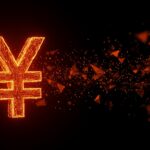 Símbolo de moneda yen japonés integrado con redes neuronales de IA en colores naranja y negro, representando la estrategia de financiamiento de Alphabet.