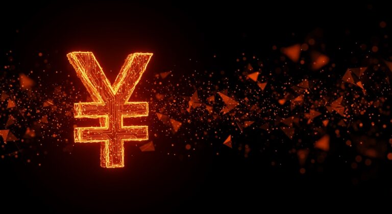 Símbolo de moneda yen japonés integrado con redes neuronales de IA en colores naranja y negro, representando la estrategia de financiamiento de Alphabet.