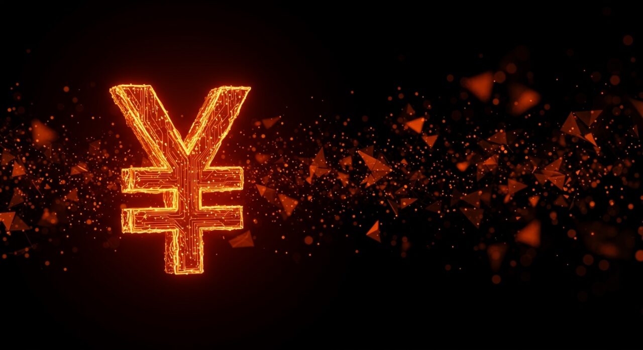 Símbolo de moneda yen japonés integrado con redes neuronales de IA en colores naranja y negro, representando la estrategia de financiamiento de Alphabet.