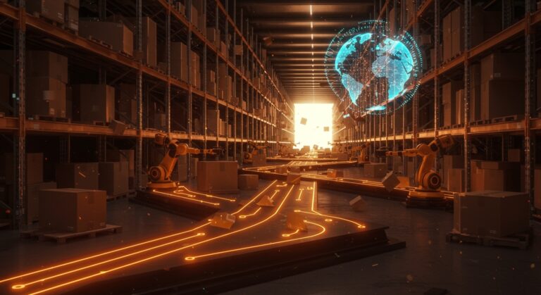 Representación conceptual de Amazon Supply Chain Services y logística global con flujo de datos en naranja y negro.