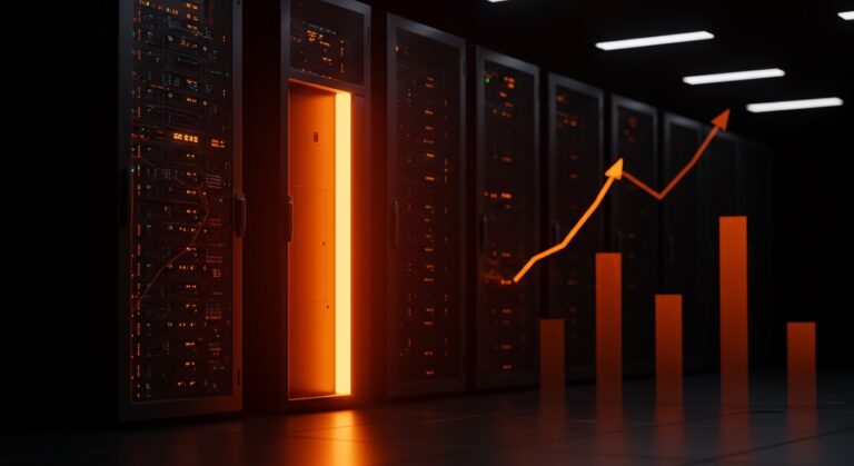 Gráfico de datos digitales que muestra el crecimiento de AMD en servidores, impactando la infraestructura de startups de IA.