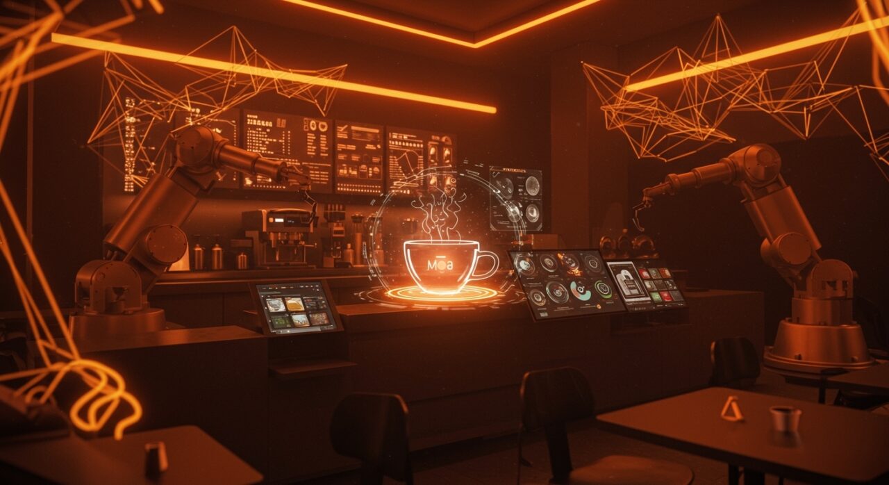 Cafetería automatizada por IA con estética naranja y negra, representando la gestión de negocios mediante agentes autónomos de Andon Labs.