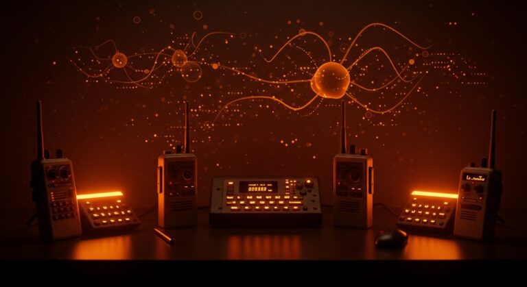 Agentes de IA autónomos gestionando comunicación por radio, representando la automatización de negocios y el futuro de la tecnología startup.