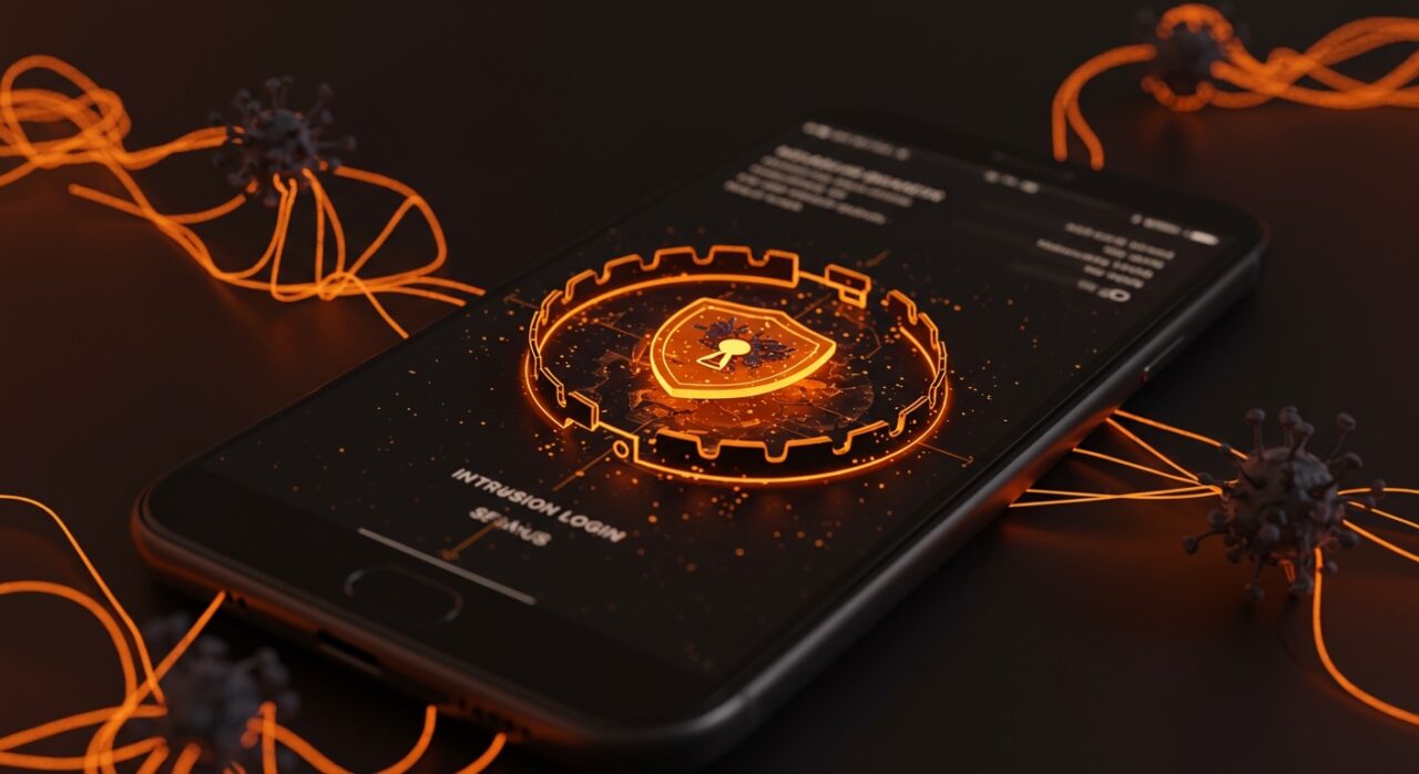 Representación visual de seguridad Android detectando spyware Pegasus mediante Intrusion Logging para ciberseguridad en startups.