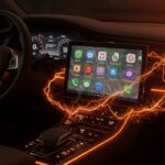 Interfaz futurista de Android Auto con inteligencia artificial Gemini y mapas 3D en un vehículo moderno.