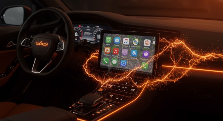 Interfaz futurista de Android Auto con inteligencia artificial Gemini y mapas 3D en un vehículo moderno.