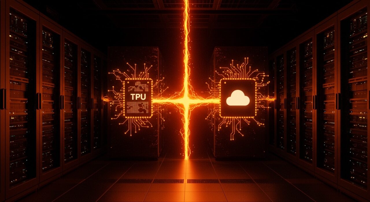 Representación conceptual de infraestructura de IA y flujo de capital entre Anthropic y Google Cloud con colores naranja y negro.