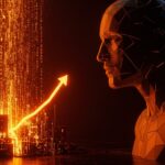 Representación visual de la competencia entre Anthropic y OpenAI mediante flujos de datos y código, simbolizando el crecimiento de Claude Code y la valoración de la empresa.