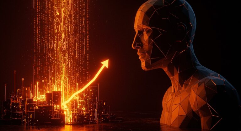 Representación visual de la competencia entre Anthropic y OpenAI mediante flujos de datos y código, simbolizando el crecimiento de Claude Code y la valoración de la empresa.
