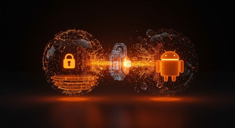 Representación visual de cifrado extremo a extremo E2EE entre ecosistemas Apple y Google para mensajería RCS, enfocada en privacidad tecnológica.
