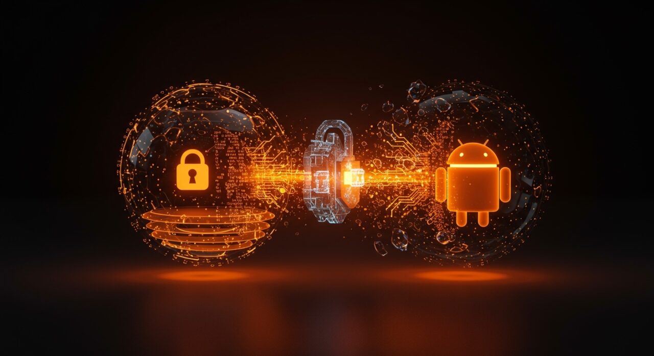 Representación visual de cifrado extremo a extremo E2EE entre ecosistemas Apple y Google para mensajería RCS, enfocada en privacidad tecnológica.