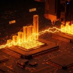 Representación conceptual de la alianza entre Apple e Intel en la fabricación de semiconductores y su impacto en el mercado bursátil.