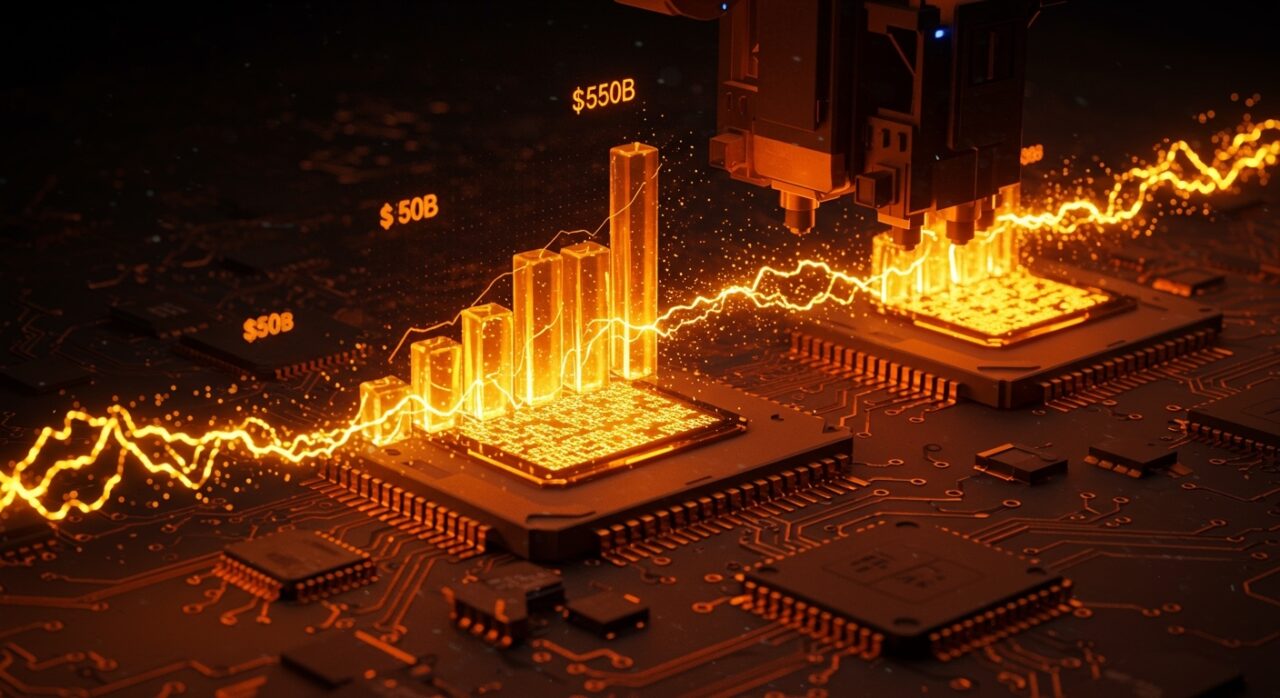 Representación conceptual de la alianza entre Apple e Intel en la fabricación de semiconductores y su impacto en el mercado bursátil.