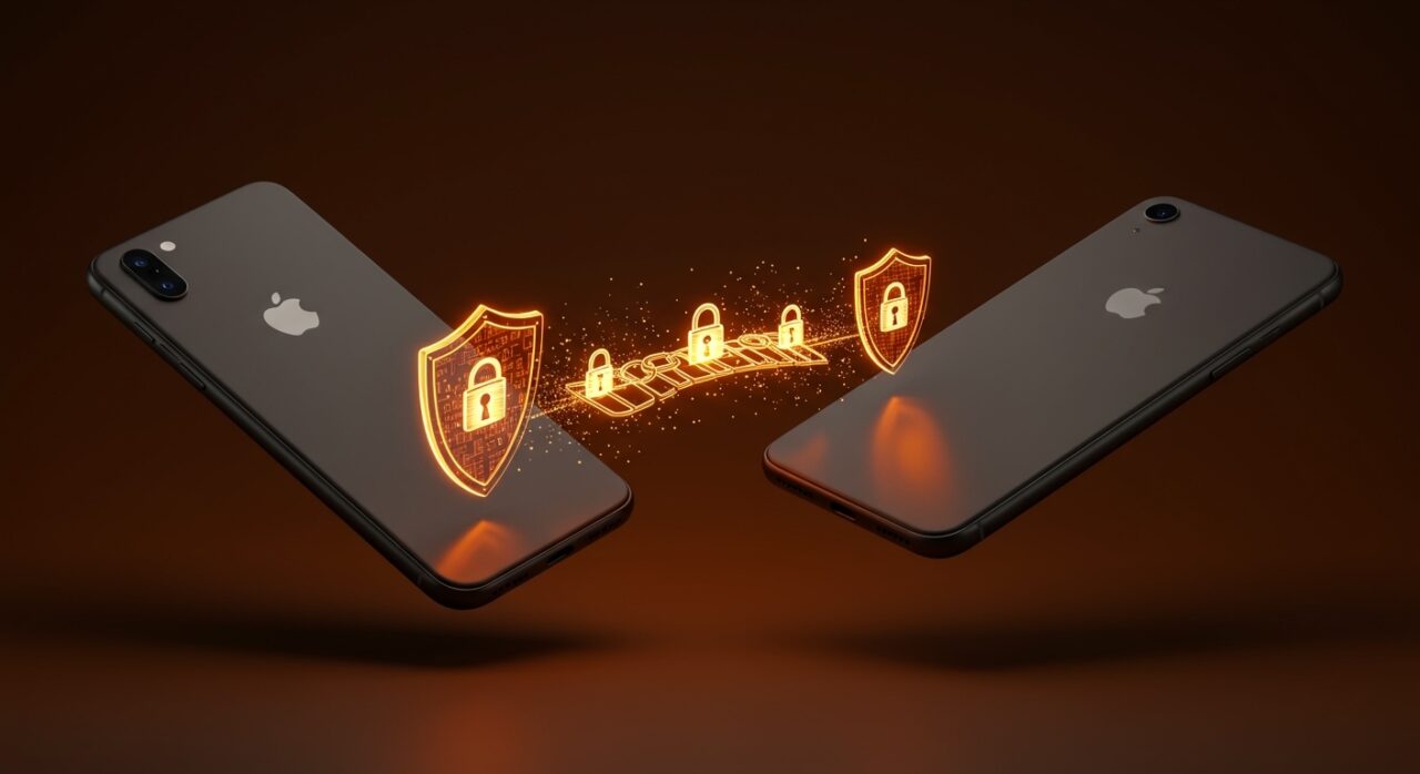 Representación visual del cifrado RCS entre iPhone y Android, simbolizando la seguridad móvil y la interoperabilidad de mensajería en iOS 26.5.