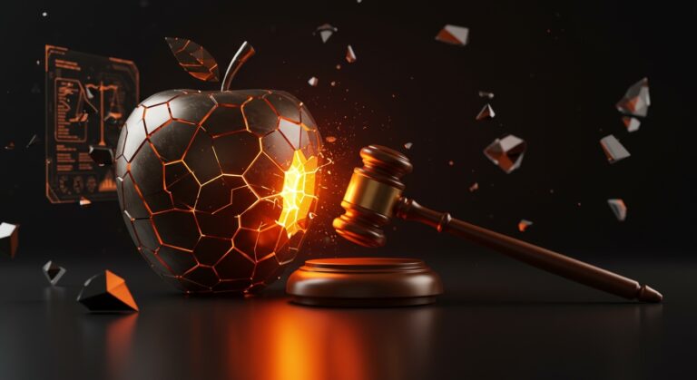 Representación conceptual de riesgo legal en IA con el logotipo de Apple y elementos de justicia digital en colores naranja y negro.
