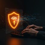 Ingeniero de software protegiendo código en GitHub contra bots de IA mediante comandos de Git, concepto de seguridad en desarrollo.