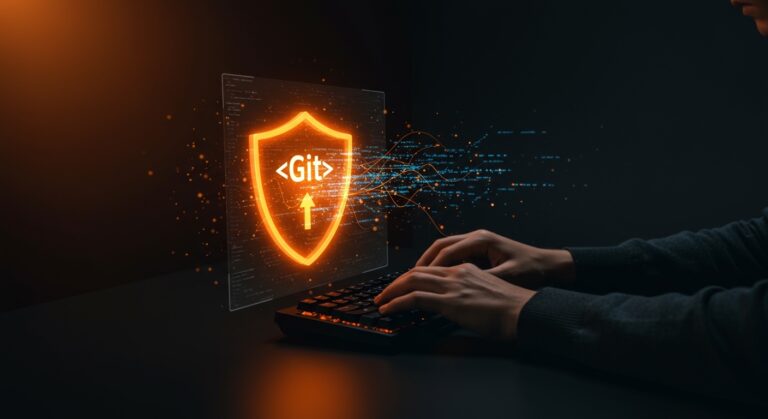 Ingeniero de software protegiendo código en GitHub contra bots de IA mediante comandos de Git, concepto de seguridad en desarrollo.