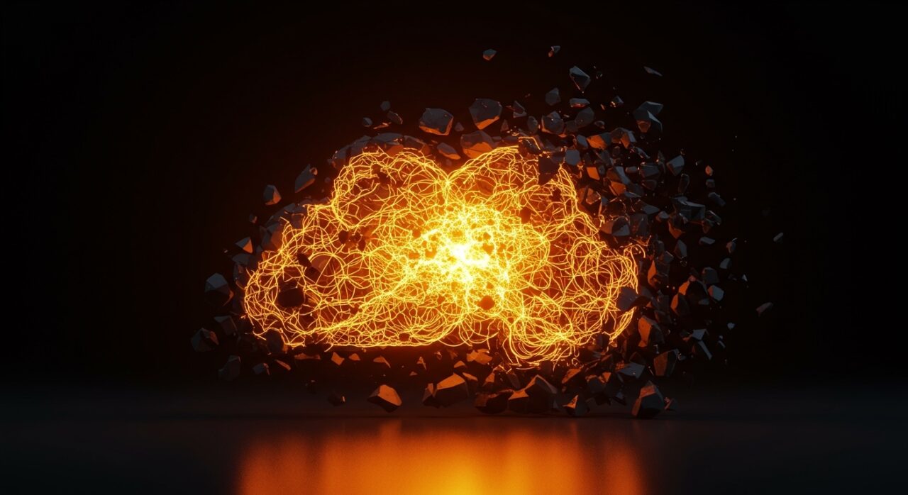 Infraestructura de nube futurista con redes neuronales naranjas, representando la transición de arquitectura cloud-native a ejecución durable para IA.