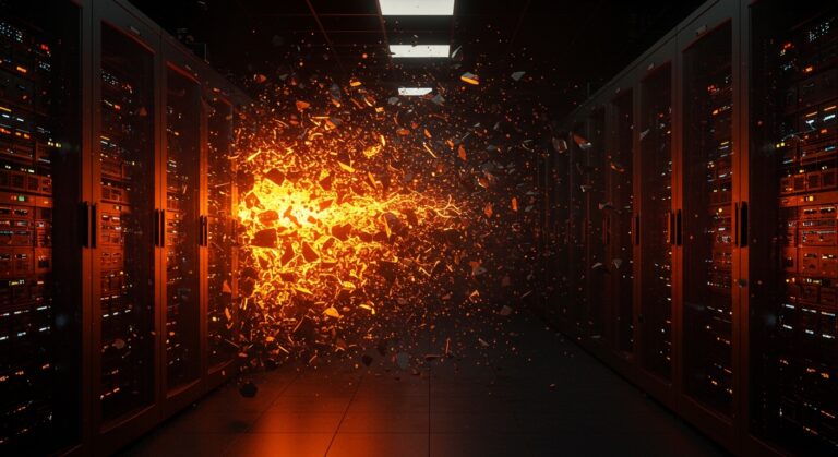Representación visual de un ataque DDoS masivo sobre una infraestructura de servidores, destacando la vulnerabilidad y la seguridad en la nube para startups.