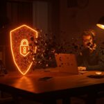 Ciberseguridad para startups remotas frente a ataques IoT en hogares inteligentes, con estética en naranja y negro.