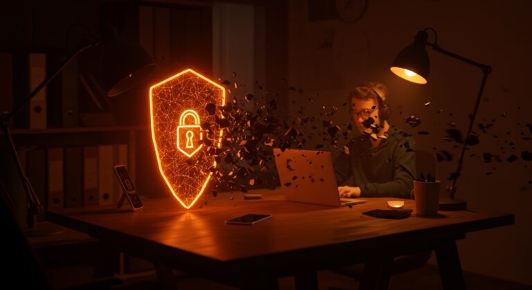 Ciberseguridad para startups remotas frente a ataques IoT en hogares inteligentes, con estética en naranja y negro.