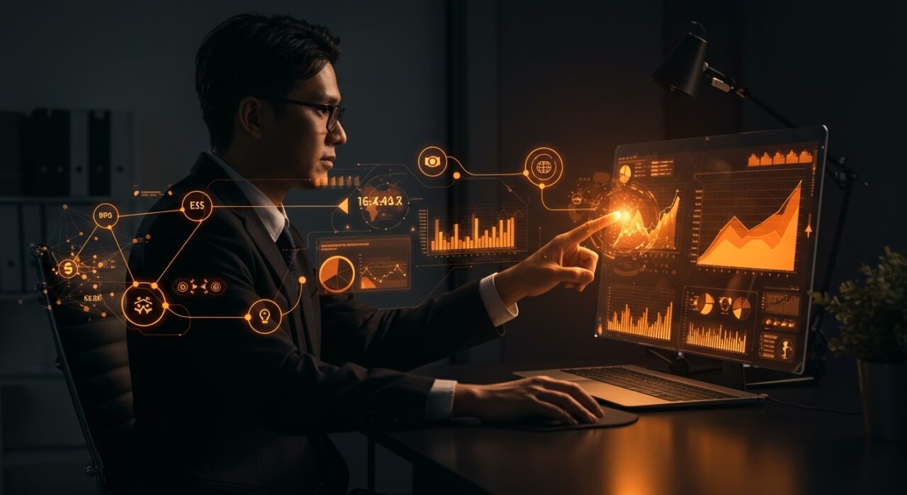 CFO de startup analizando datos financieros automatizados para mejorar la eficiencia operativa y la inversión tecnológica.