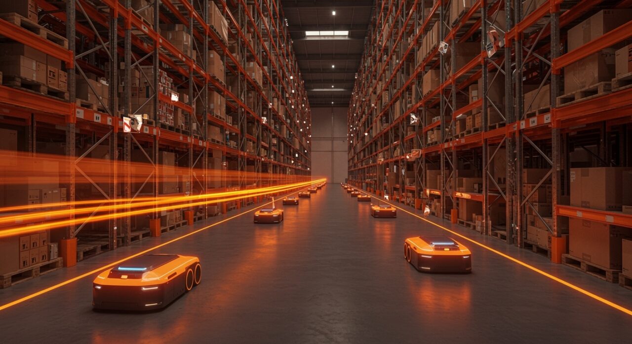 Automatización logística en Valencia con robots AGV y AMR, transformando la eficiencia operativa de almacenes para 2026.